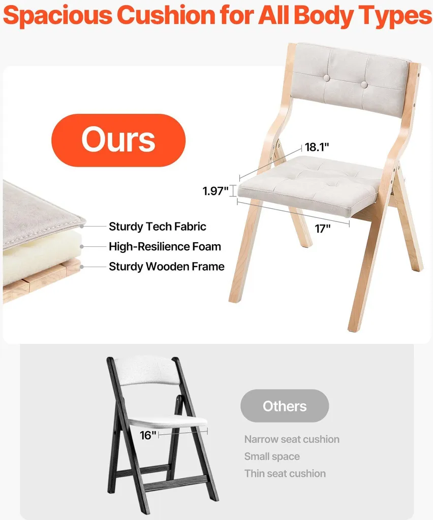 SucceBuy Sedia da giardino pieghevole con cuscino imbottito e struttura in legno, set di 2. Moderna sedia da pranzo per cucina, ufficio o feste, portata fino a 180 kg (per sedia), pieghevole, beige e bianca, design salvaspazio. - 5