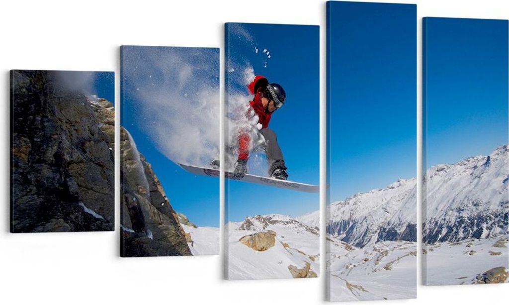 Bild auf Leinwand - Leinwandbild - Snowboard Winter Berg Gipfel - 100x60cm - Wand Bild - Wanddeko - Leinwanddruck - Bilder - Kunstdruck - Wanddekor...