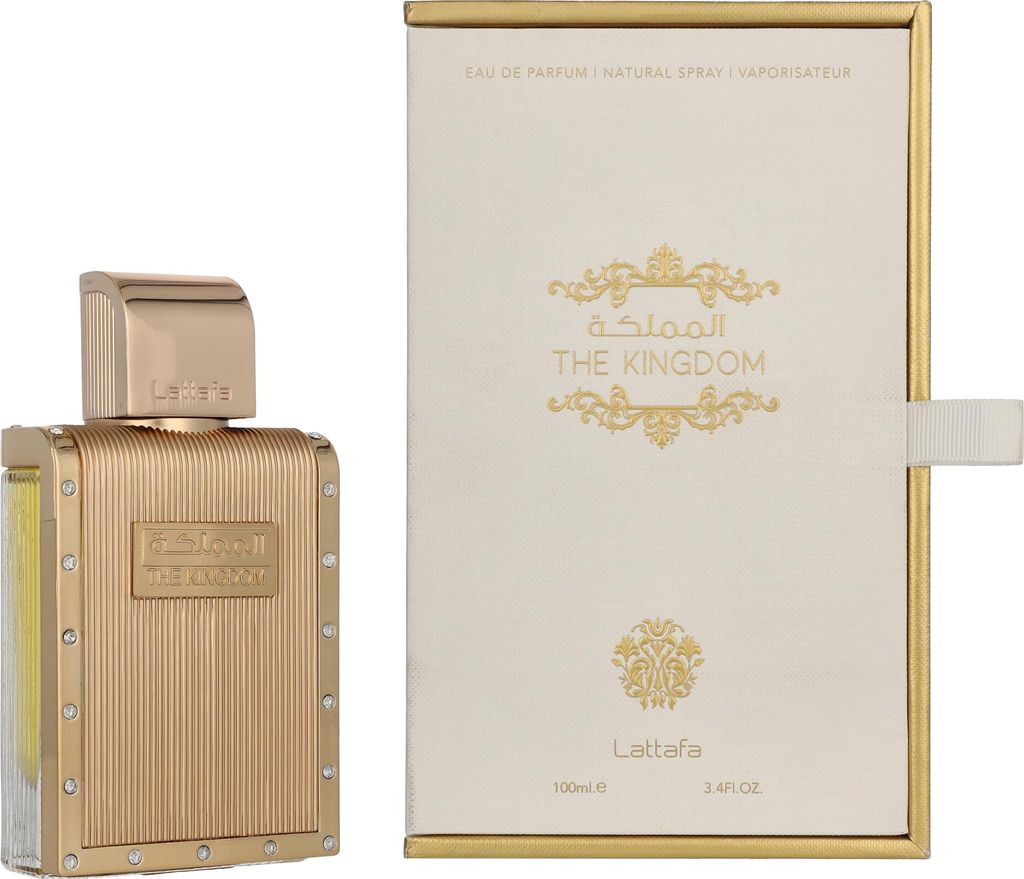 A perfume bottle and its packaging are displayed side-by-side against a white background.