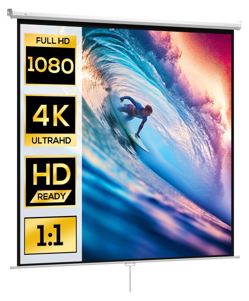 HOMCOM 120 Zoll Projektionsleinwand 1:1 Format, 160° Winkel aufrollbare Projektionsleinwand und Decken- oder Wandmontage, 223x8x223 cm, weiß
