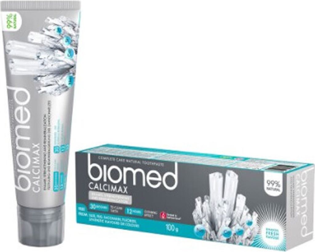 A tube of toothpaste and its box are displayed against a white background.