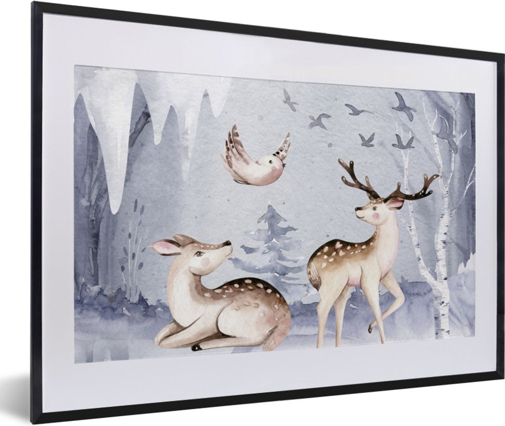 MuchoWow Gerahmtes Poster Winter - Hirsche - Vögel - Schnee 60x40 cm - Poster mit Schwarzem Bilderrahmen Wandposter Rahmen Foto Bilder - Schlafz...
