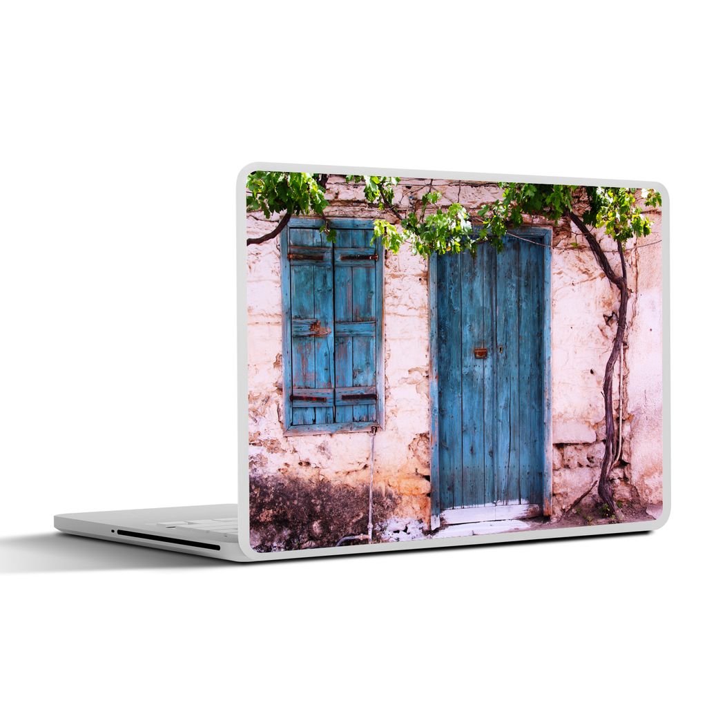 MuchoWow Laptop Aufkleber Sticker Cover Vintage - Tür - Haus - Blau - Baum 31x22.5 cm - Laptop-Deko
