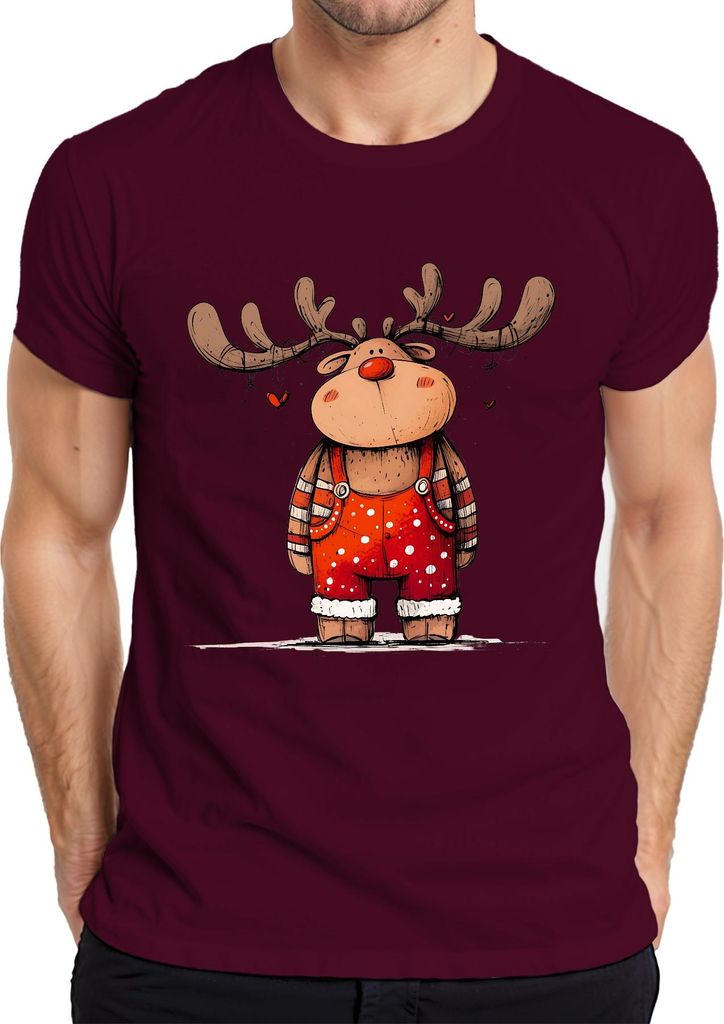 Niedliches Rentier Lichterkette Rotnase Weihnachten Geschenk Herren T-Shirt, Burgundy, XL