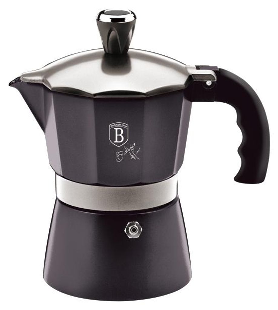 A black espresso maker with silver accents on a white background.