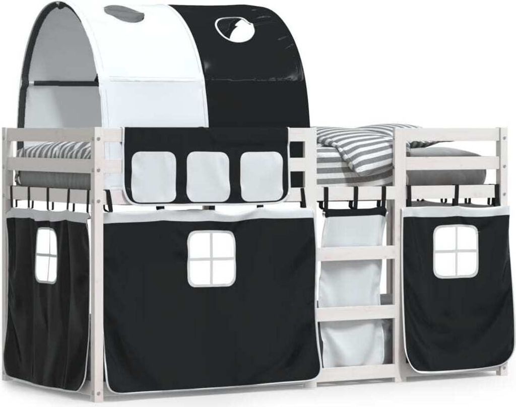 Maison Exclusive - Etagenbett mit Vorhängen Weiß & Schwarz 90x190 cm Kiefernholz