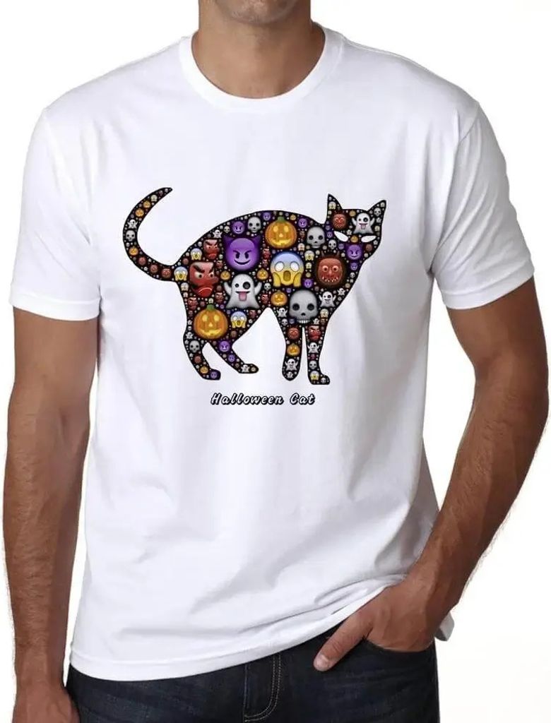 Herren Grafik T-Shirt Halloween-Katze – Halloween Cat – Öko-Verantwortlich Vintage Jahrgang Kurzarm Lustige Druck Geburtstag Geschenk Mann