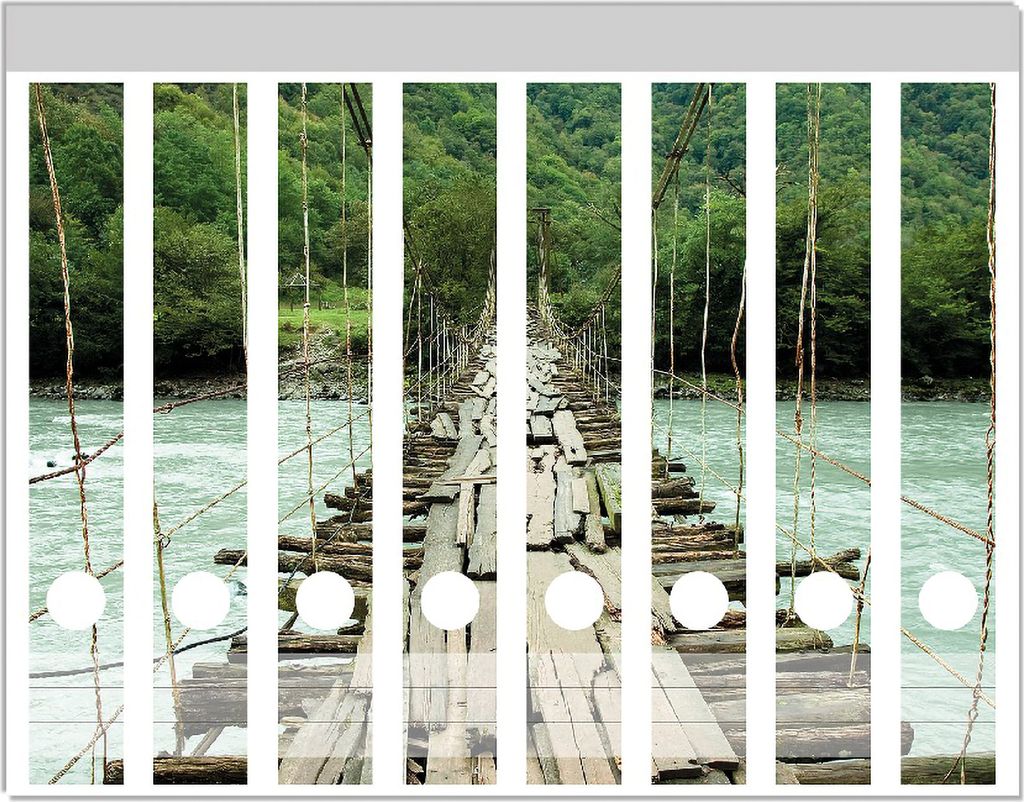 Wallario Ordnerrücken Sticker, selbstklebend für schmale Ordner, 8 Stück, Motiv Alte Hängebrücke über dem Fluss
