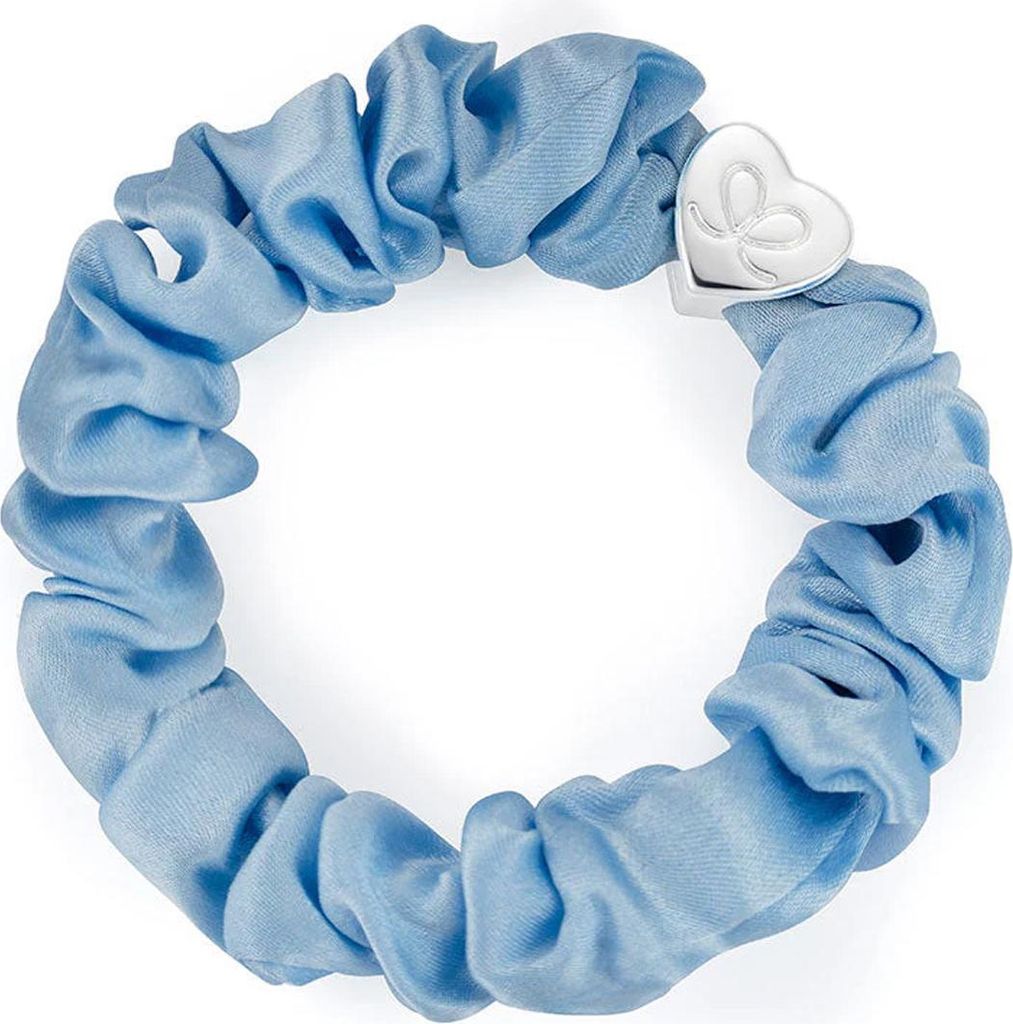By Eloise London Silver Heart Silk Scrunchie Sky Blue