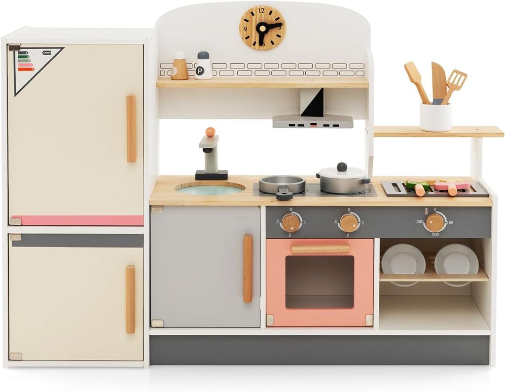 Kinderküche mit 18 TLG. Zubehör, Holzküche Kinderspielküche mit Waschbecken Herd Backoffen und BBQ-Grill, Spielküche aus Holz für Kinder ab 3...