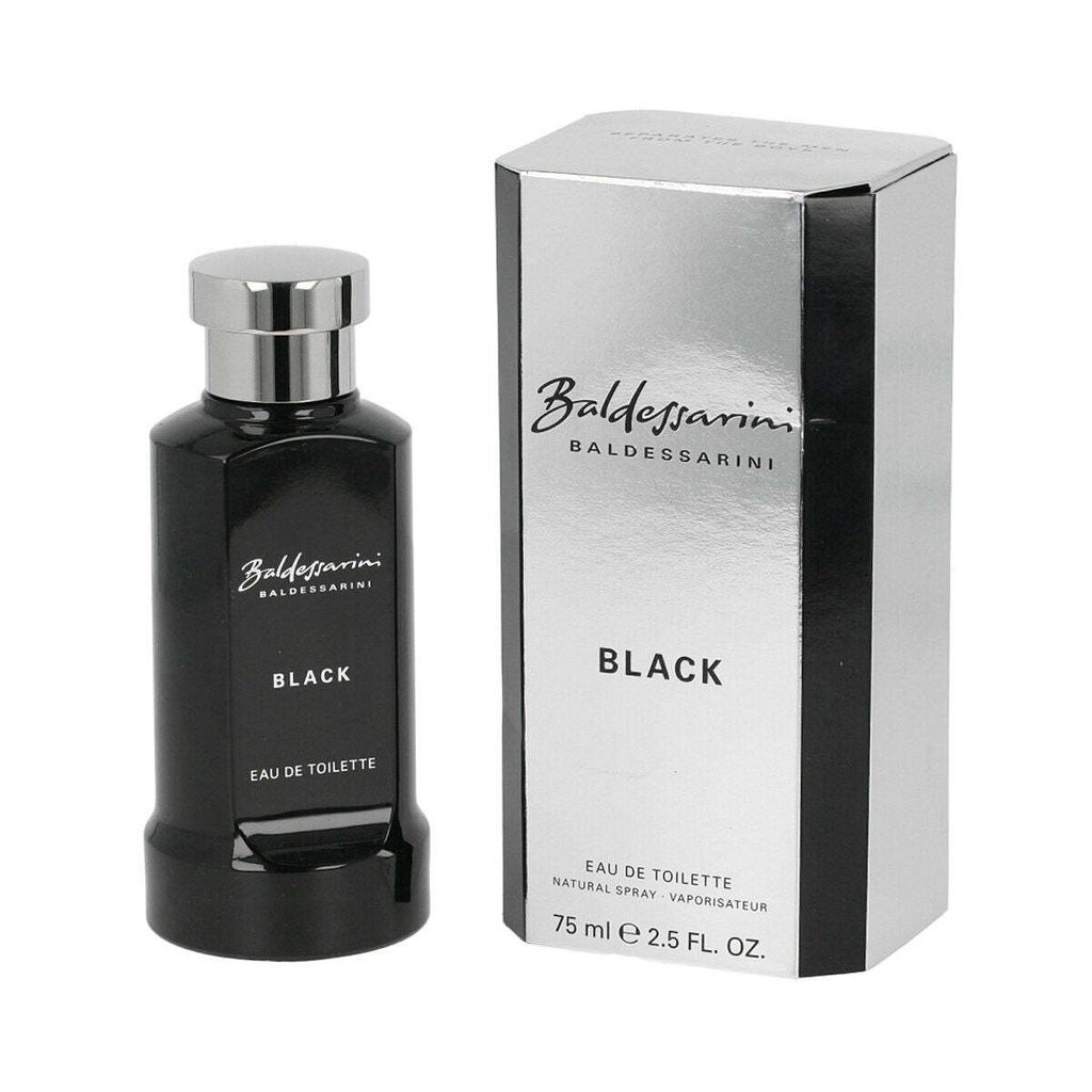 A black bottle of Baldessarini Black Eau de Toilette and its silver packaging are displayed against a white background.