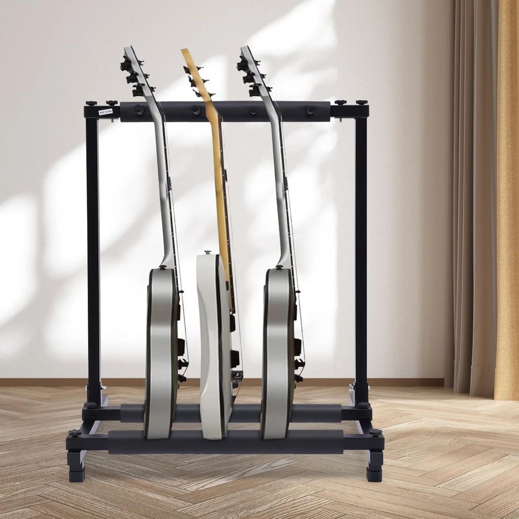 Gitarrenständer - 3-Fach Mehrfachständer - Klappbar - Mit Rollen - Für Akustik-/Klassik-/E-Gitarre & Bass - Platzsparend - Schwarz