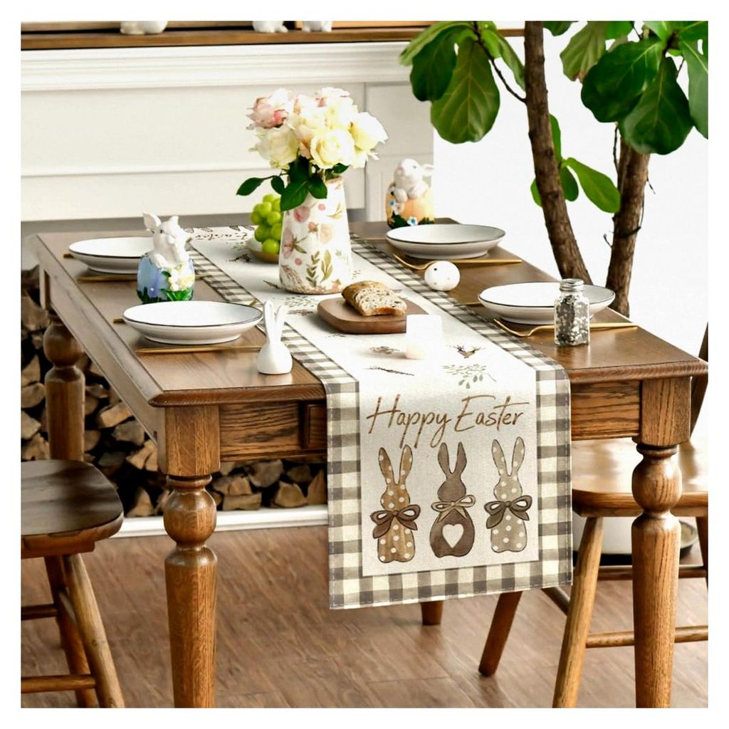 Büffelkaro Hase Karotten Ostern Tischläufer, saisonale Frühling Küche Esstisch Dekoration drinnen Urlaub Party Dekor 40x140 cm
