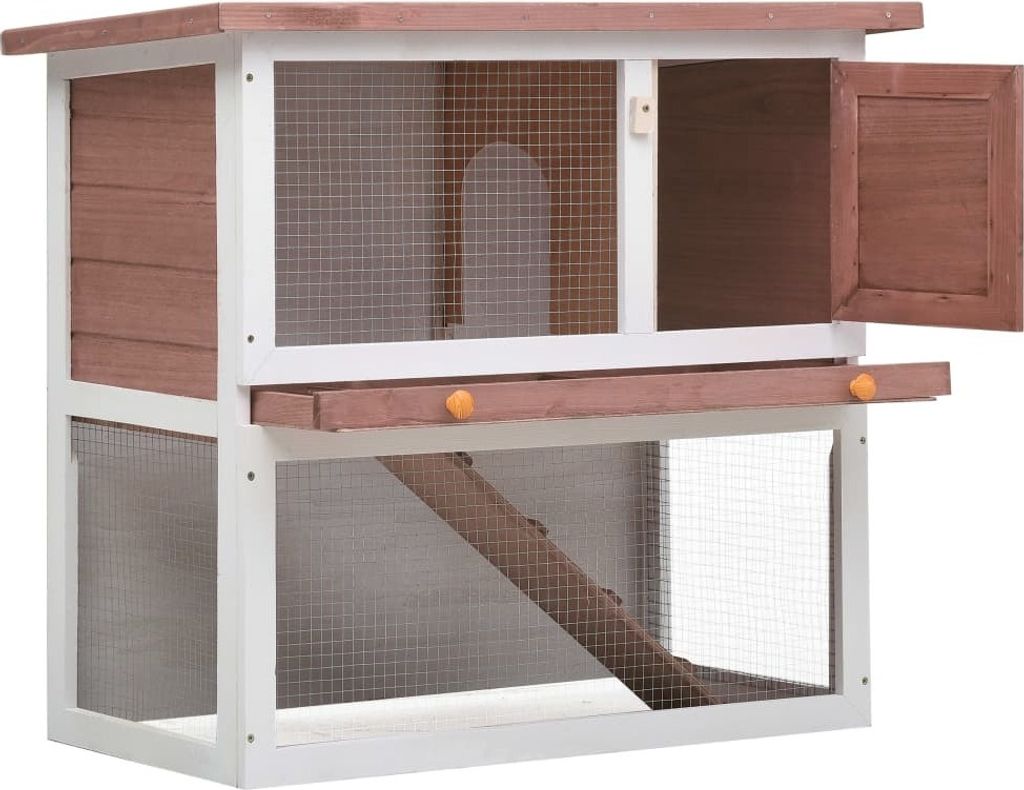 A two-tiered wooden rabbit hutch with wire mesh sides and a ramp.