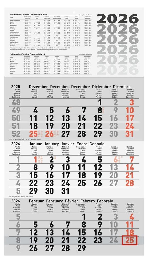 Calendario da parete Bells "Calendario 3 mesi" 2026 grigio Immagine del prodotto 