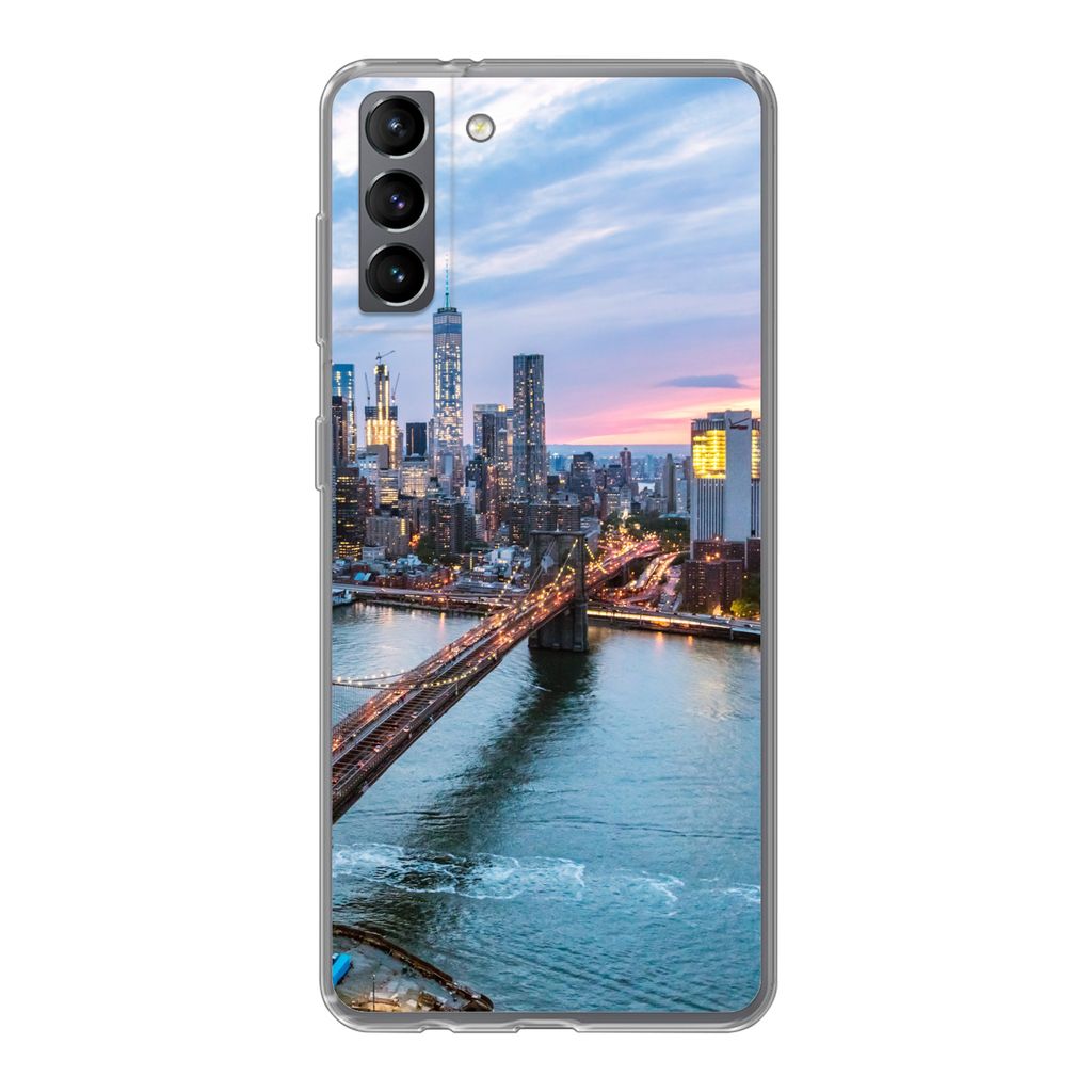 MuchoWow Handyhülle Schutzhülle Hülle für Samsung Galaxy S21 Plus New Yorker Skyline an der Brooklyn Bridge Silikon Softcase Handy Hülle - H...
