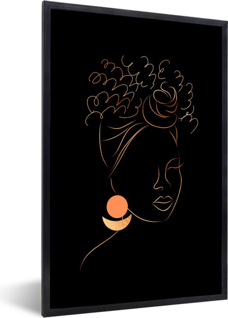 MuchoWow Gerahmtes Poster Frau - Schwarz und Gold - Strichzeichnung 60x90 cm - Poster mit Schwarzem Bilderrahmen Wandposter Rahmen Foto Bilder - ...