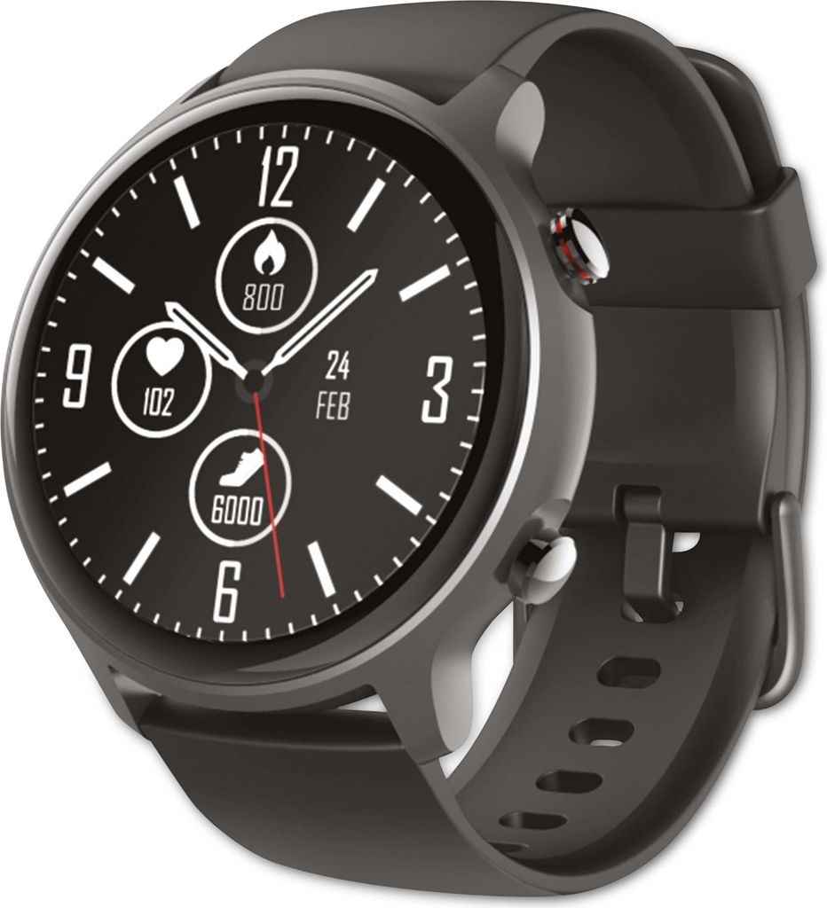 A smartwatch with a black face and strap, displaying health metrics.