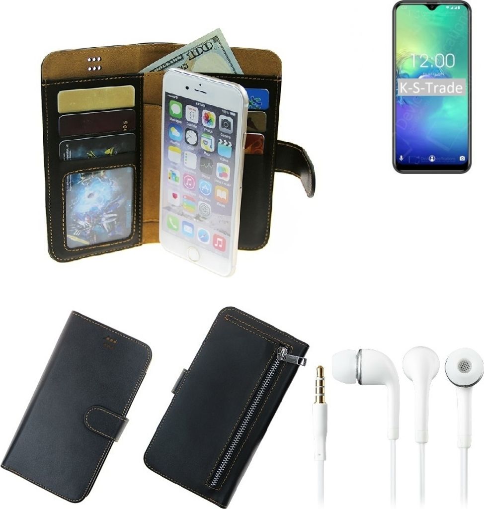 TOP SET Handy Hülle Schutz Hülle kompatibel mit Oukitel C15 Pro+ schwarz aus Kunstleder + Kopfhörer Smartphone Tasche vollwertige Geldbörse