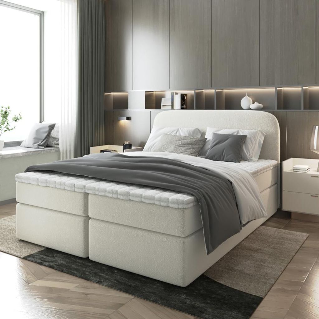 Bett Doppelbett Boxspringbett NOBI mit Bonell-Matratze Bettkästen Boucle Stoff - TOPPER VISCO( 200x200 , CREME - CORAL 15)