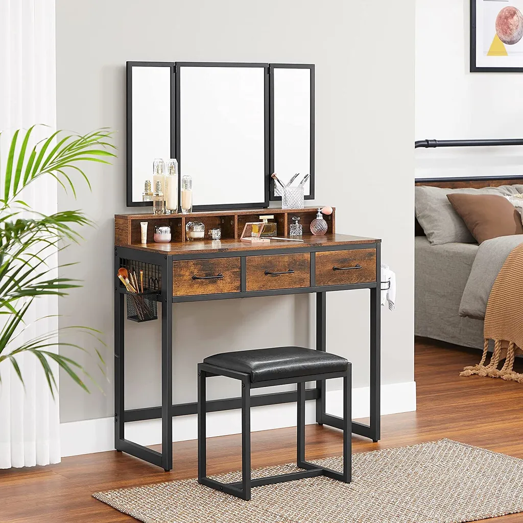 Coiffeuse Design Industriel Marron Rustique avec Grand Miroir et Assise - 2