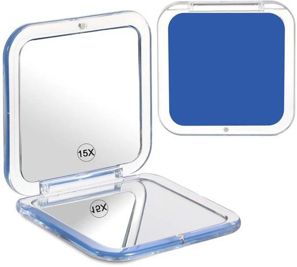 Miroir de maquillage de voyage pliable bleu avec grossissement x15
