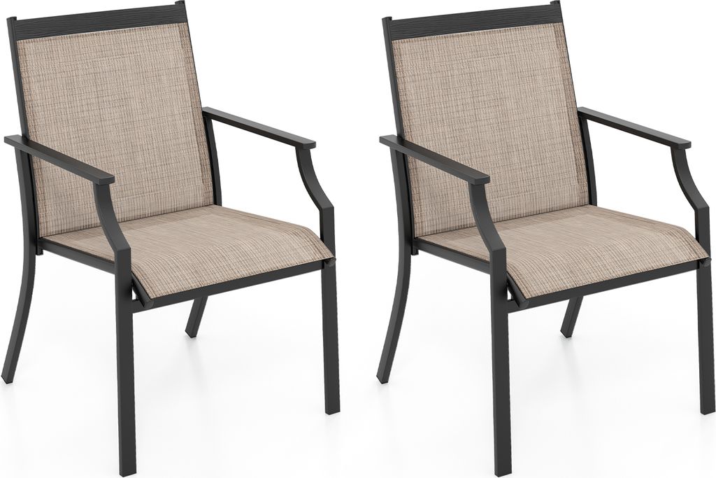 Two outdoor chairs are shown against a white background.