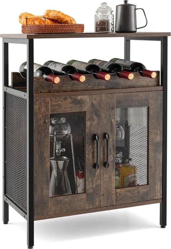 Barschrank mit Lagerregal, Weinbarschrank, Getränkeschrank mit abnehmbarem Flaschenhalter und Glashalter, Industrieller Buffetschrank für die Küche