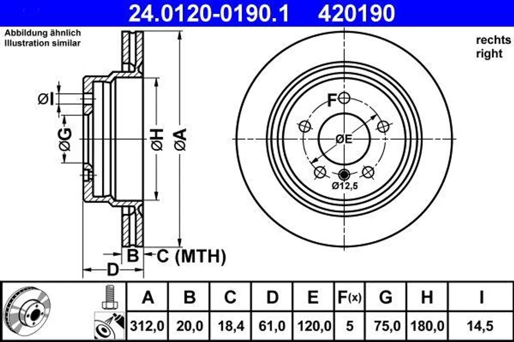 Disque de frein ATE 24.0120-0190.1 pour BMW Série 3 E36 et Z3 E36