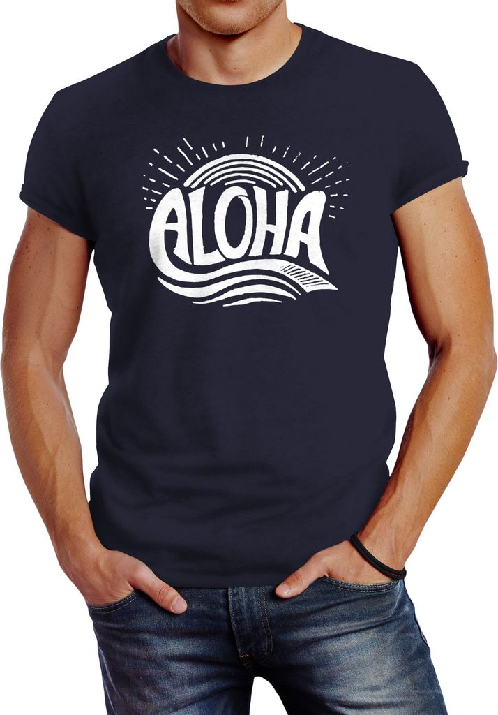 Herren T-Shirt Aloha Wellen Surfing Sommer Slim Fit Neverless navy XL