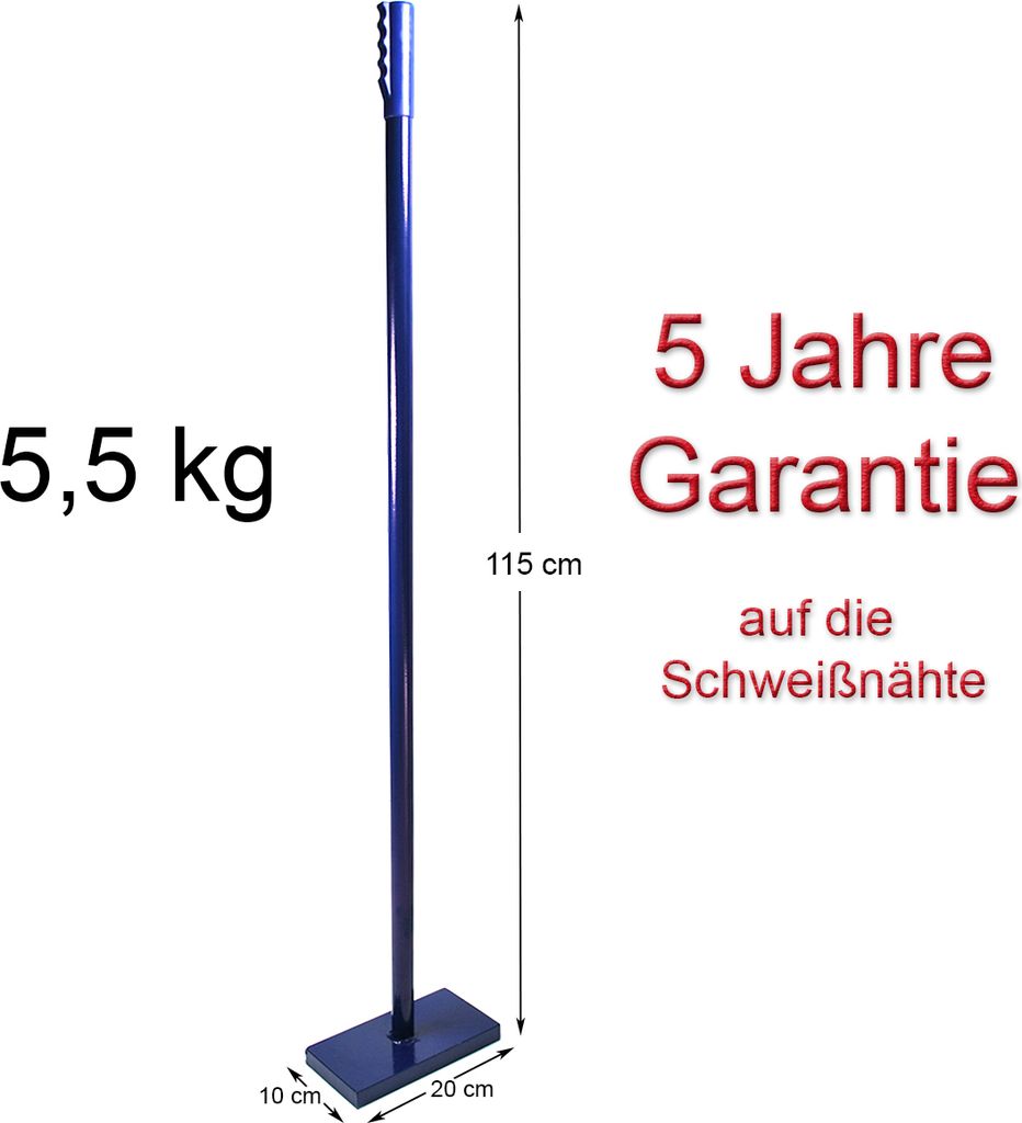 A blue concrete tamper with dimensions and warranty information displayed.