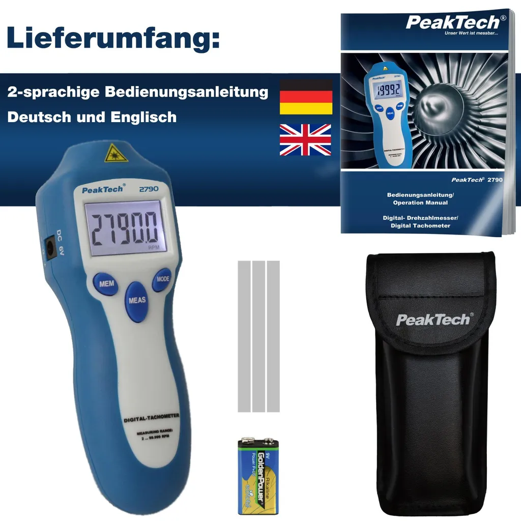 Tachymètre PeakTech 2790 haute résolution 0,1 tr/min et laser de précision