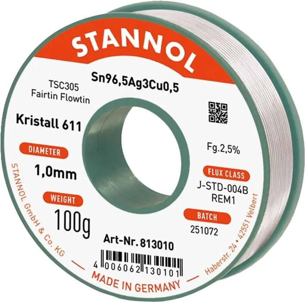 Stannol Cristallo 611 TSC305 Sn96,5Ag3,0Cu0,5 1mm 100g Solder Wire