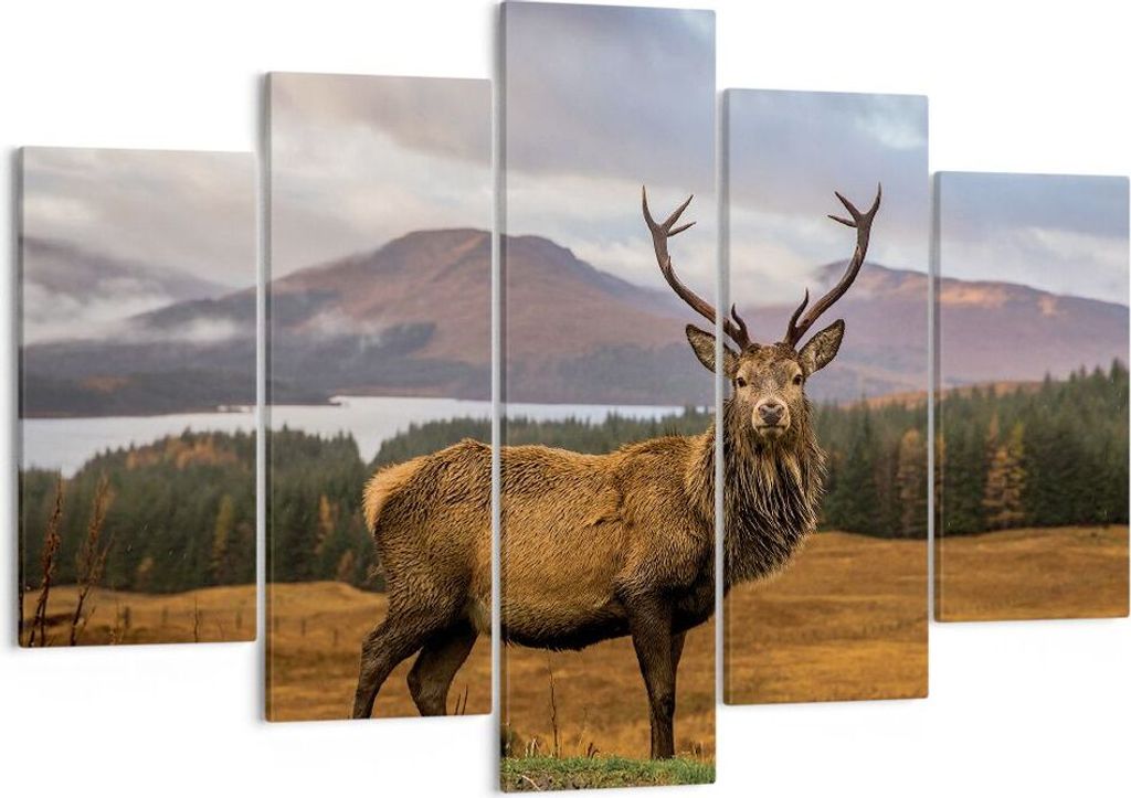 Bild auf Leinwand - Leinwandbild - 5 Teile - Rehe Wiese Berge - 150x100cm - Wand Bild - Wanddeko - Wandbilder - Leinwanddruck - Bilder - Wanddekora...