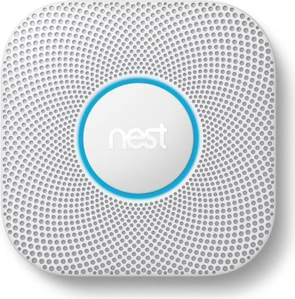 A close-up, studio shot of a white Google Nest Protect smoke and carbon monoxide detector.