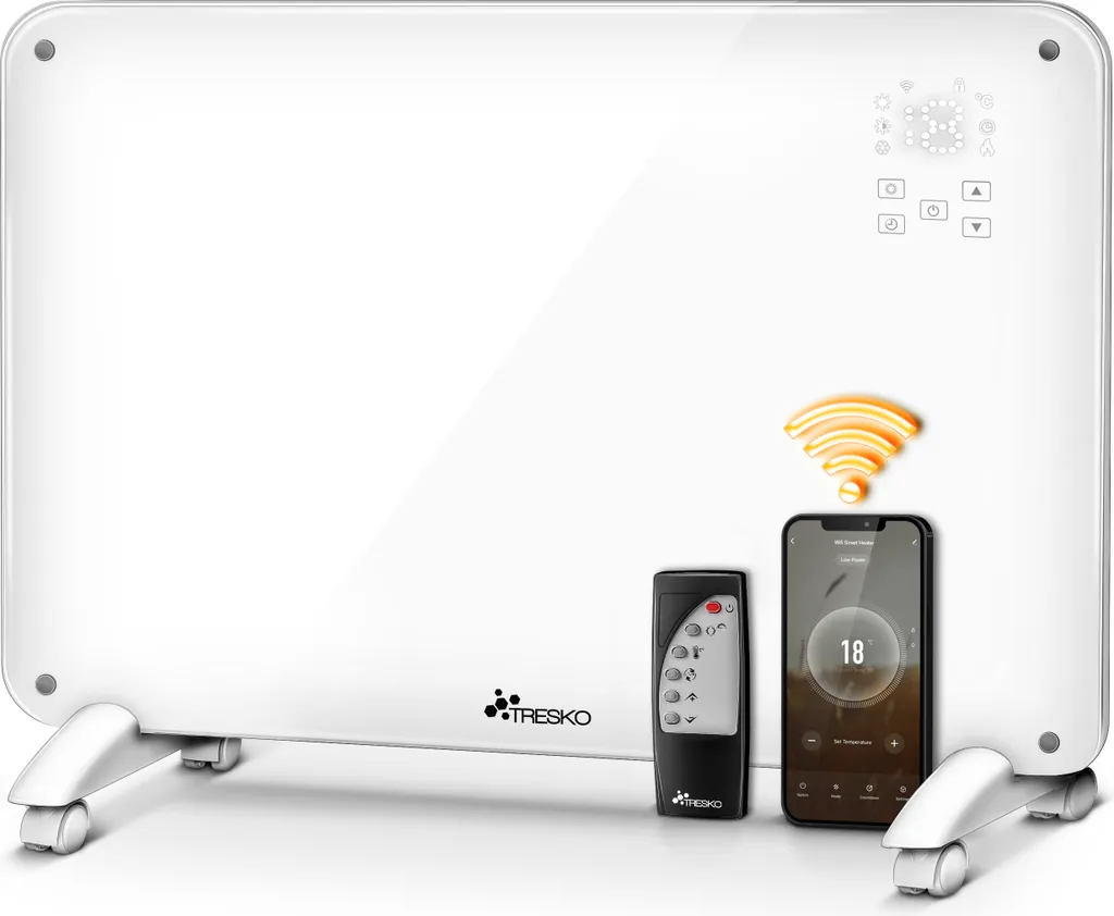 Radiateur Convecteur Électrique WiFi 2000W Tresko Panneau en Verre Blanc