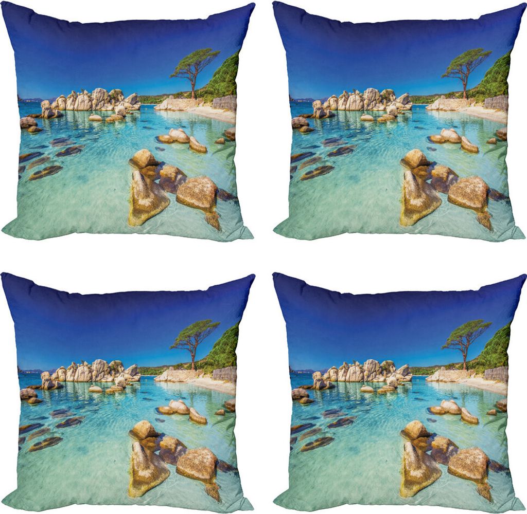 ABAKUHAUS Scenic Sommer Kissenbezug Set (4 Stück), Strand und die klare Ozean, Moderner Doppelseitiger Digitaldruck, 45 cm x 45 cm, Cobalt Blue Mu...