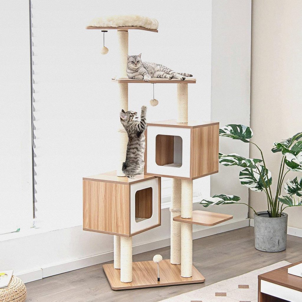 Kratzbaum Holz 163 cm, 6-stöckiger Katzenbaum Groß, Katzenkratzbaum mit 2 Höhlen & 2 Matten & 3 Spielbällen, Kletterbaum für Hauskatzen, Katze...