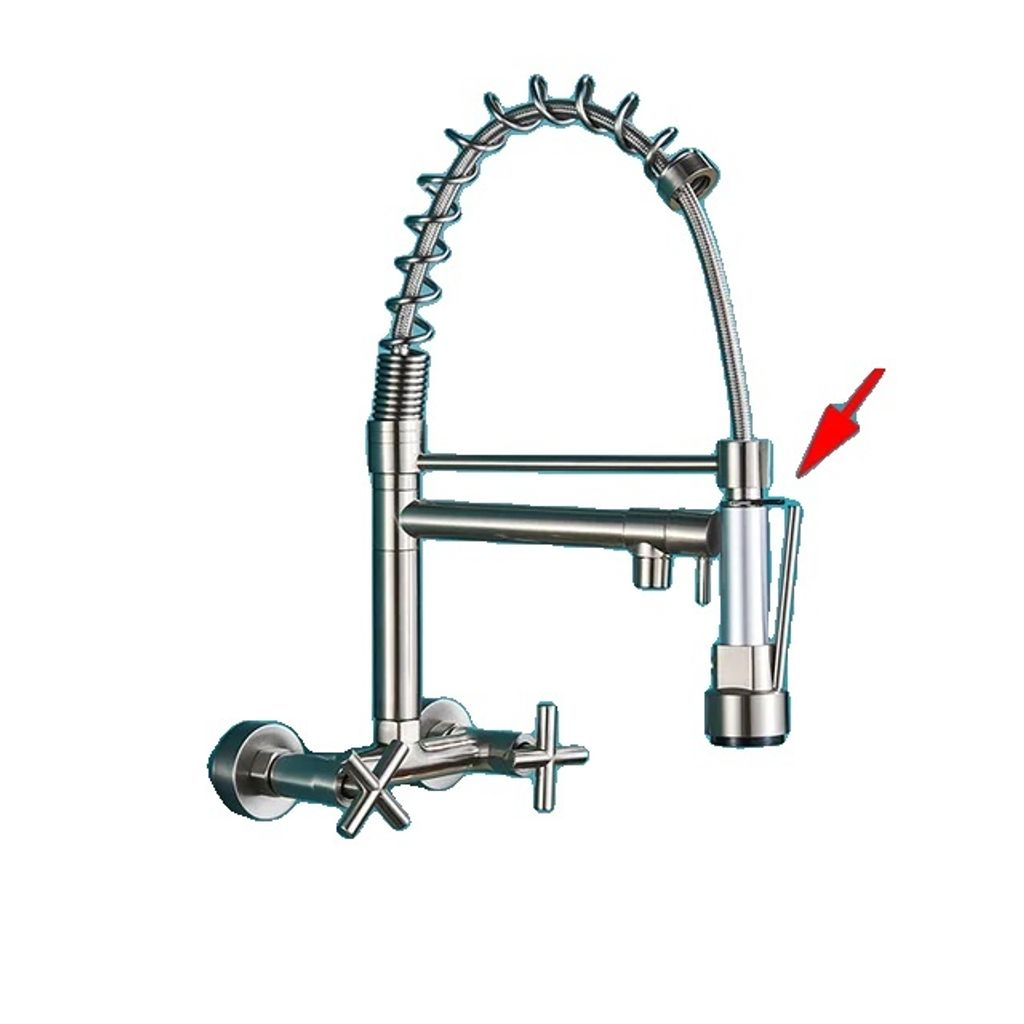 A kitchen faucet with a pull-out spray nozzle, mounted on a wall.