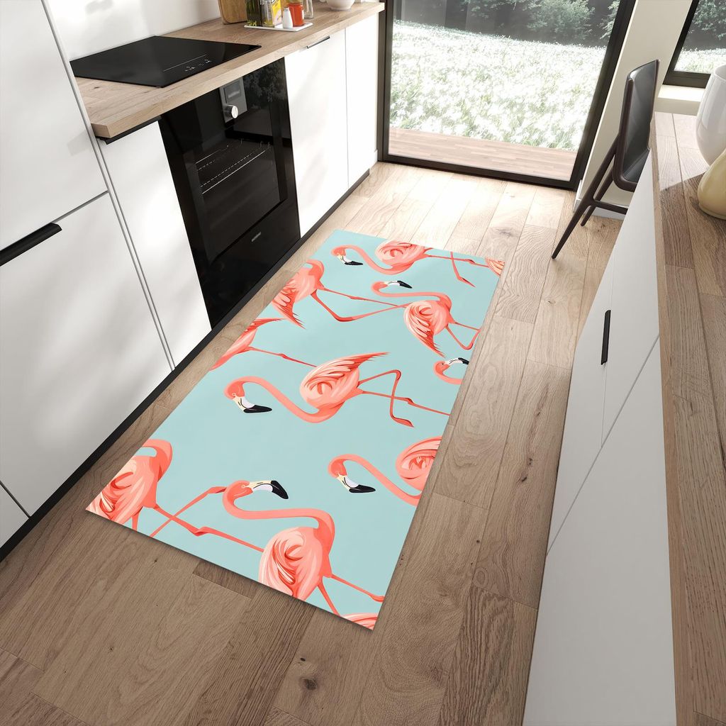 Küchenteppich 90x180cm rutschfest & abwischbar PVC Läufer - Flamingo Design