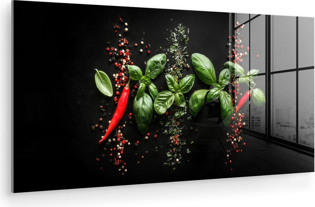 MuchoWow Glasbilder - Bilder auf Wandbild - Foto auf Glas Chili - Basilikum - Blätter - Rot 40x20 cm Wanddekoration aus Glas - Acrylglasbild - Acr...