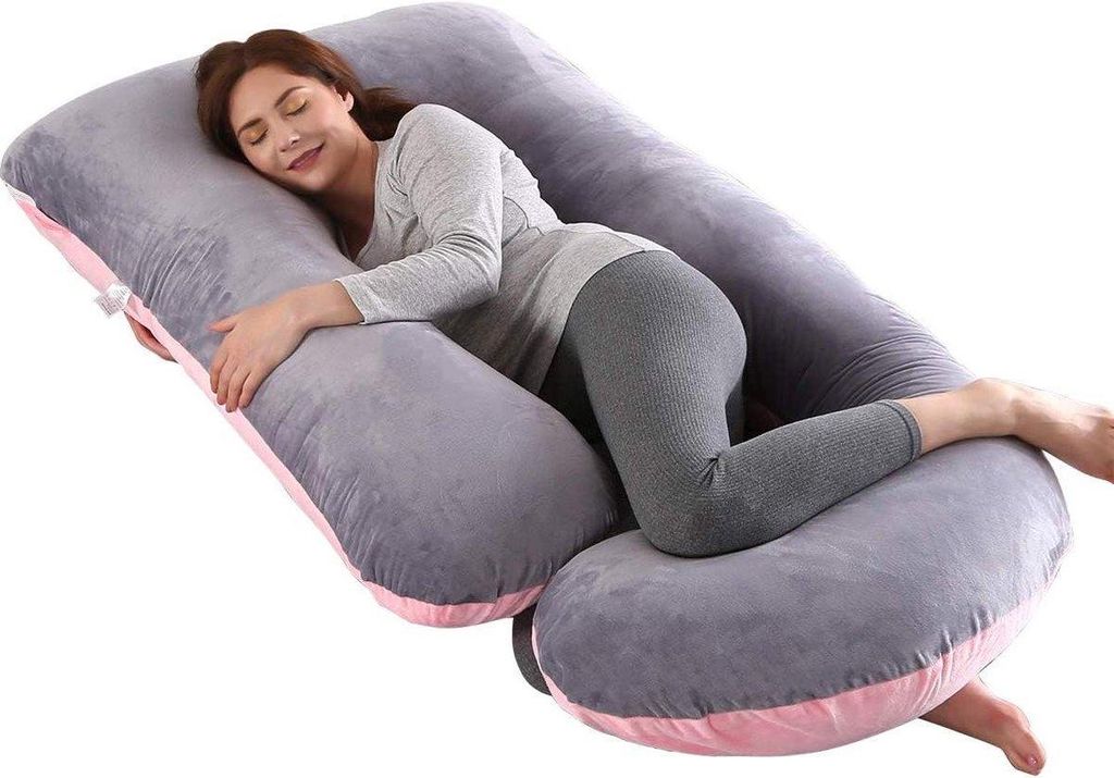 Ganzkörper-Schwangerschaftskissen – U-förmiges Upgrade – waschbarer Samtbezug – rosa und grauer Schwangerschaftskissenbezug XXL