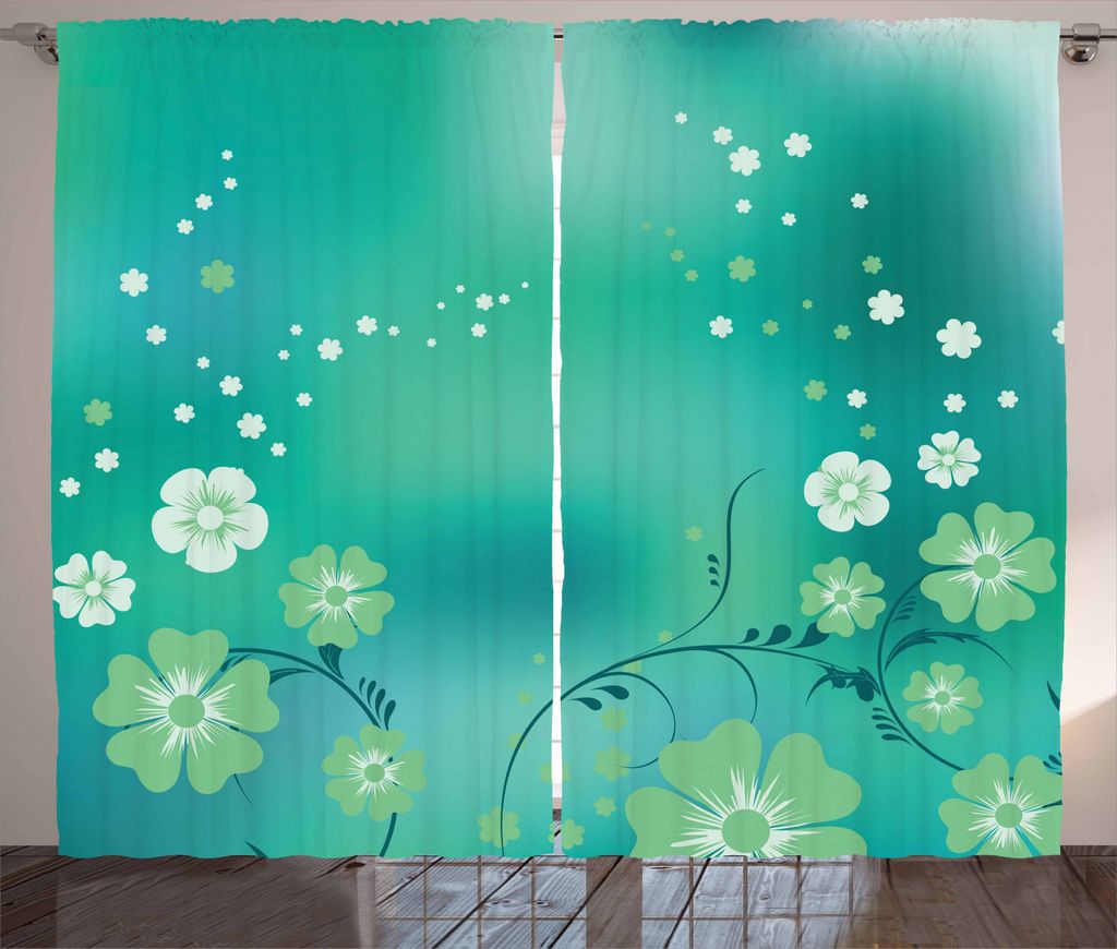 ABAKUHAUS Green Flower Rustikaler Vorhang, Magische Flora, Wohnzimmer Universalband Gardinen mit Schlaufen und Haken, 280 x 225 cm, Türkis Weiß