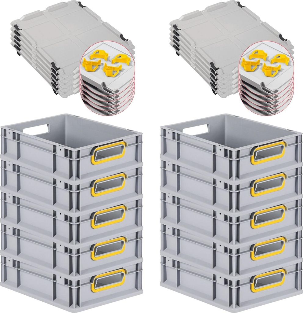 SparSet 10x Eurobox NextGen Color mit Auflagedeckel und Schiebeschnappverschlüsse | HxBxT 12x30x40cm | 11 Liter | Griffe gelb offen | Glatter Bode...