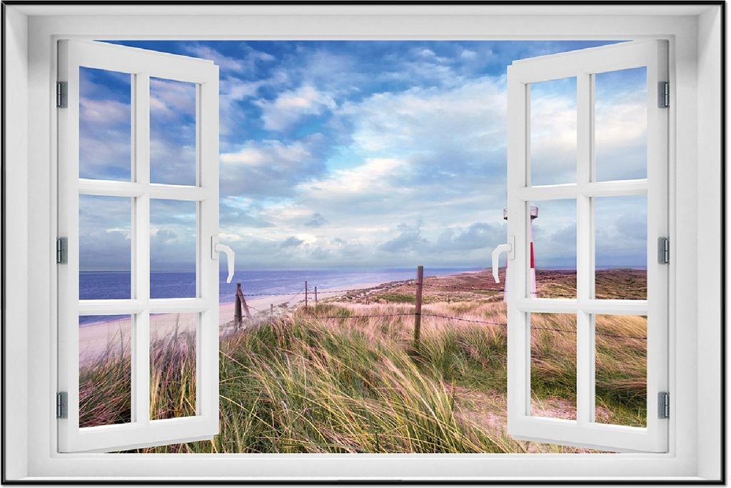 Wallario Wandbild mit Fenster-Illusion: Leuchtturm am Strand von Sylt, Größe: 61 x 91,5 cm, Poster mit schwarzem Aluminiumrahmen