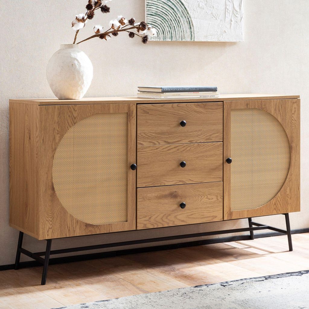 WOHNLING Sideboard 140x80x40 cm Kommode Eiche-Nachbildung mit Rattan Geflecht Modern Hoher Kommodenschrank Standschrank mit 2 Türen und 3 Schubladen
