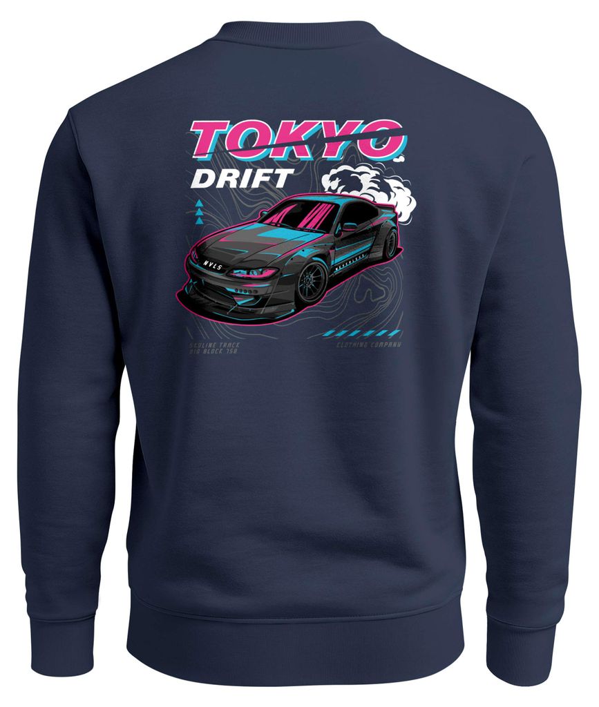 Sweatshirt Herren Pullover mit Backprint Tokyo Drift Auto Design Sportwagen Retro Racing Streetwear Fashion Neverless