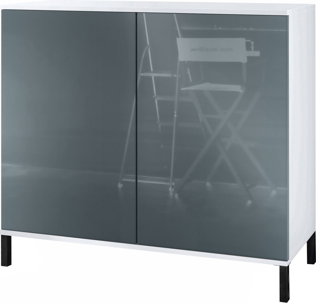 Vladon Kommode Skadu V3, Moderner Küchenschrank mit 2 großen Türen Weiß matt / Grau Hochglanz (92,5 x 83.5 x 35)