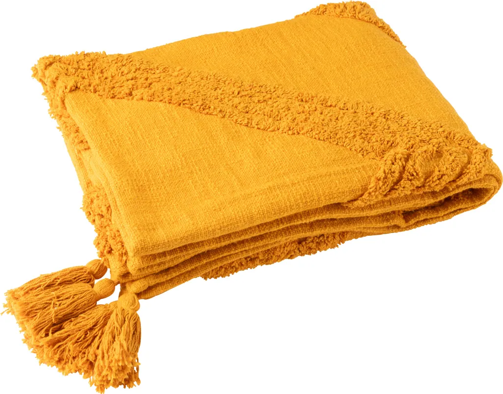 Plaid Ocre J-Line pour Canapé - Couverture Douce en Coton et Pompons