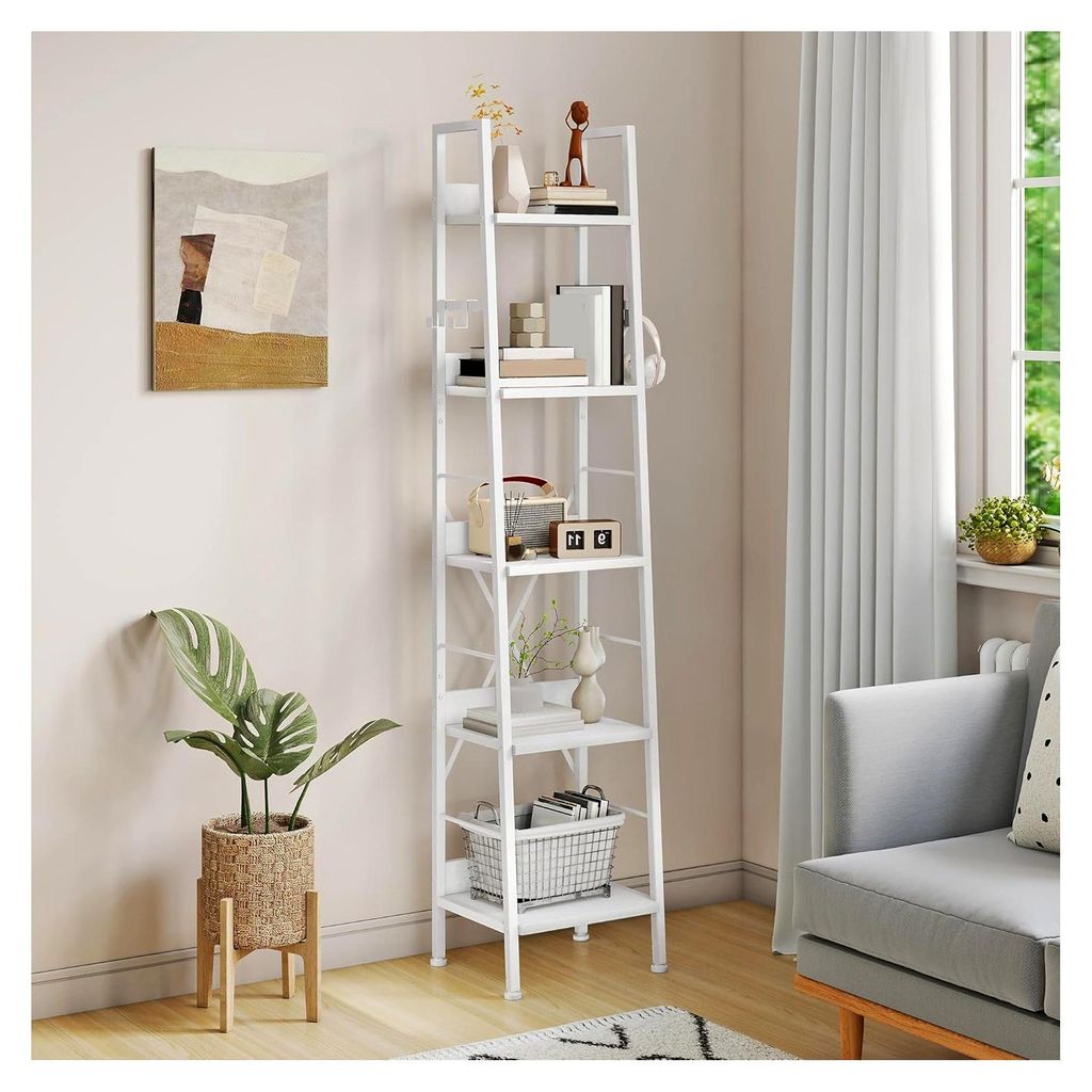 Schmales Bücherregal mit 5 Ebenen, 35 cm Breite, Leiterregal aus Holz und Metallrahmen, modernes Regal in reinweiß